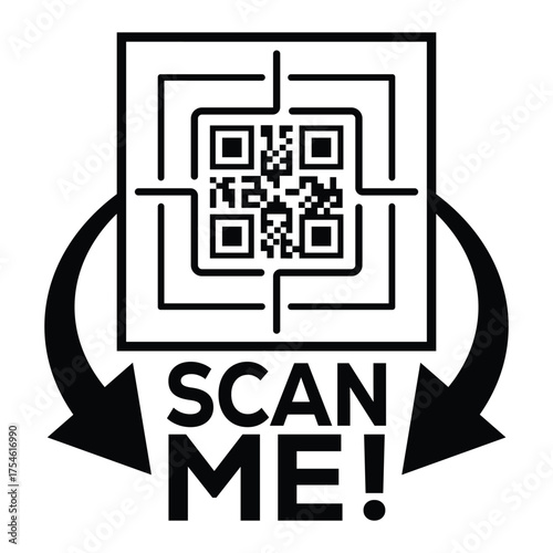 A bold, black and white vector graphic featuring a QR code centered in a square with targeting marks. Large arrows point to the text "SCAN ME!", creating a compelling call-to-action for immediate digi