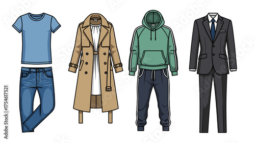 Diverse Men's Apparel: Casual, Formal Suit, Trench Coat, and Sportswear Outfits Vector Illustration