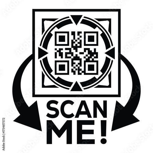 A bold, black and white vector graphic featuring a QR code centered in a square with targeting marks. Large arrows point to the text "SCAN ME!", creating a compelling call-to-action for immediate digi