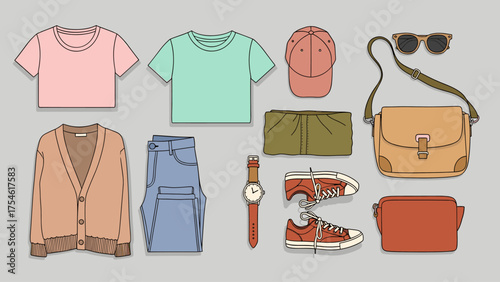 Vector flat lay of women's casual fashion essentials: t-shirts, jeans, cardigan, cap, sneakers, sunglasses, and bags