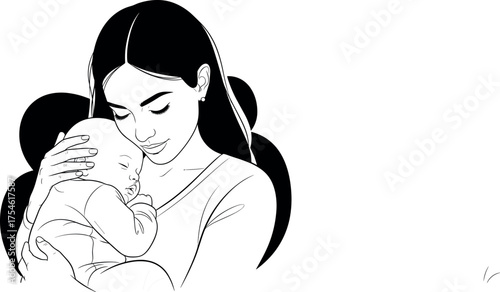 Mother Holding Sleeping Baby Line Art Vector Illustration of Motherhood