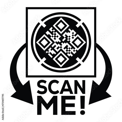 A bold, black and white vector graphic featuring a QR code centered in a square with targeting marks. Large arrows point to the text "SCAN ME!", creating a compelling call-to-action for immediate digi