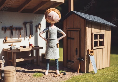 3D rendered felt doll female carpenter or hobbyist standing proudly by her wooden shed and outdoor workshop