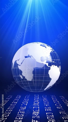 A translucent Earth globe hovers over a floor of glowing digital code under dramatic blue spotlights