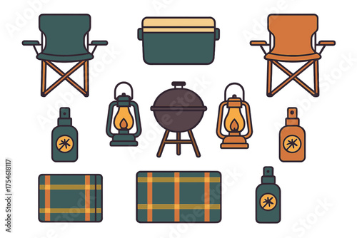 Essential outdoor camping and picnic equipment set including folding chairs cooler grill lanterns and bug spray
