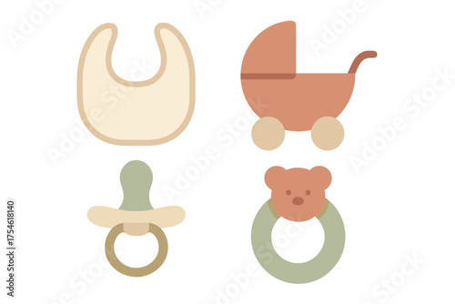 Essential newborn baby items collection including bib, pram, pacifier, and teddy bear rattle in earthy tones