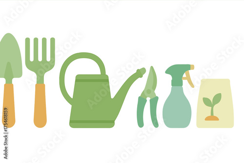 Set of essential garden tools including watering can, hand trowel, shears, and plant food