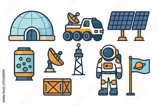 Space exploration and colonization equipment set featuring astronaut, rover, habitat, and solar panels