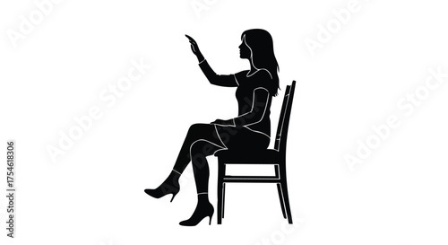 Elegant silhouette of a woman seated on a chair with an arm raised, poised for presentation or interaction, embodying confidence and communication