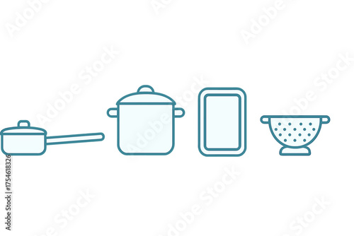Essential kitchen cooking tools and utensils set including saucepan, stockpot, and cutting board