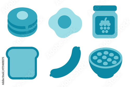 Minimalist breakfast food icons set featuring pancakes, fried egg, jam, bread, sausage, and cereal bowl