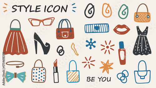 A chic doodle composition featuring handbags, shoes, sunglasses, dresses, and perfume bottles.