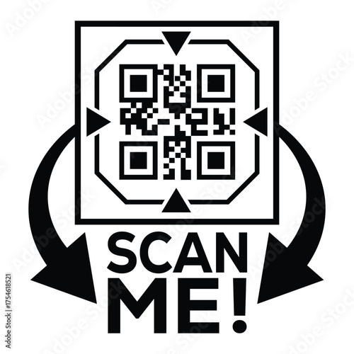 A bold, black and white vector graphic featuring a QR code centered in a square with targeting marks. Large arrows point to the text "SCAN ME!", creating a compelling call-to-action for immediate digi