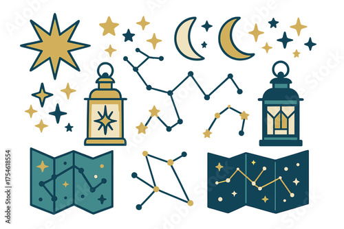 Celestial navigation and astronomy icons featuring stars, moon, constellations, maps, and lanterns
