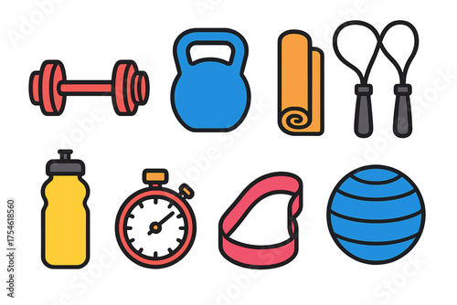 Colorful collection of fitness equipment icons including dumbbell kettlebell and yoga mat