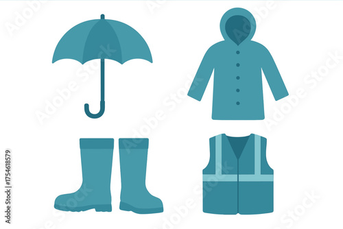 Essential protective gear collection featuring umbrella, raincoat, rubber boots, and safety vest