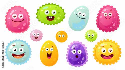 A collection of sweet, candy-themed cartoon microbes that look like gummies or jellybeans.