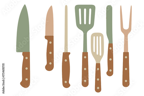 Assortment of professional kitchen cutlery and cooking implements with wooden handles