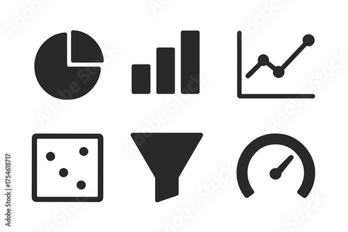 Set of data visualization icons including pie chart, bar graph, line graph, funnel, and speedometer symbols