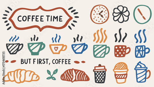 A cozy hand-drawn doodle illustration with steaming coffee cups, pastries, croissants, mugs, and teapots.