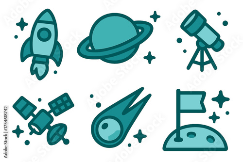 Set of space exploration and astronomy icons including rocket, planet, telescope, satellite, and comet