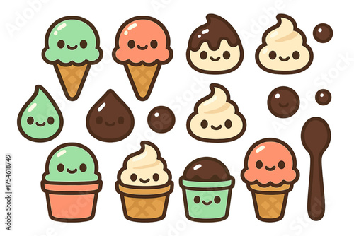 Adorable collection of smiling ice cream scoops, cones, cups, and sweet dessert toppings