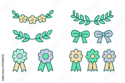 Collection of colorful decorative elements including floral garlands, festive bows, and rosette award ribbons