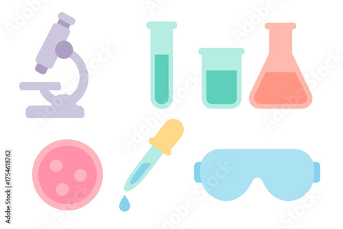 Laboratory equipment set with microscope test tubes flask and safety goggles