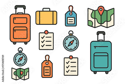 Colorful set of essential travel and vacation icons featuring luggage, folded map, compass, and checklist symbols
