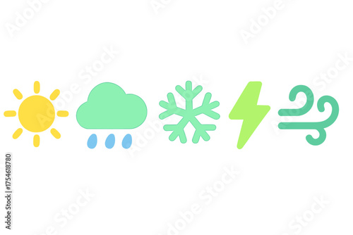 Colorful collection of five weather symbols: sun, rain, snow, lightning, and wind for forecast applications
