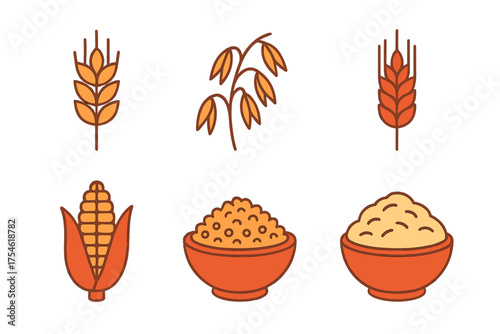 Graphic symbols representing common cereal grains including wheat, oats, corn, and rice