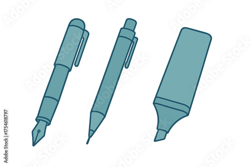 Collection of essential writing and drawing tools including a fountain pen, mechanical pencil, and highlighter marker