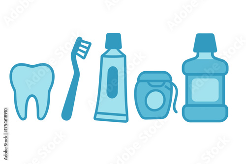 Essential oral care items including toothbrush, toothpaste, dental floss, and molar tooth