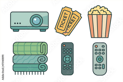 Movie night elements set with projector, popcorn box, cinema tickets, and cozy blankets