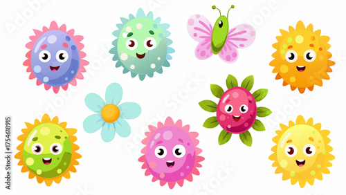 A group of colorful cartoon microbes decorated with flowers, leaves, and butterfly wings.