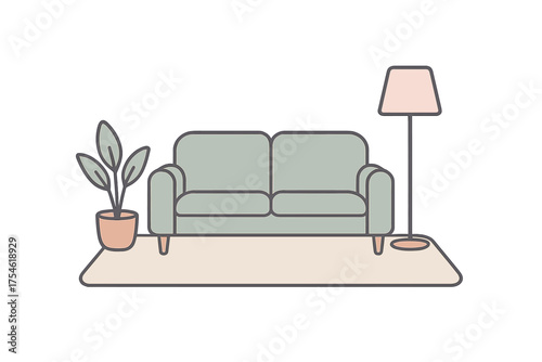 Cozy minimalist living room interior with sofa, floor lamp, and potted houseplant