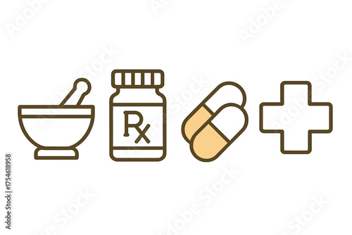 Essential pharmacy and medical symbols including mortar and pestle, prescription bottle, and cross