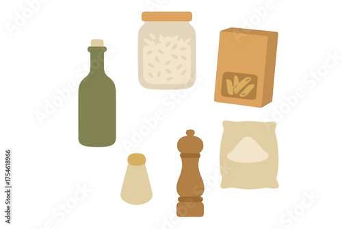 Assortment of kitchen essentials including olive oil, rice, pasta, flour, salt, and pepper