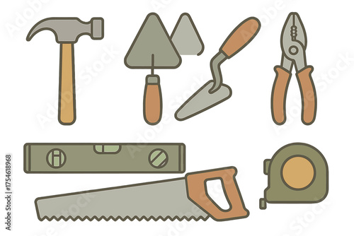Set of essential hand tools for construction and home repair including hammer saw and trowel