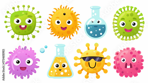 A group of friendly cartoon microbes designed to look like lab experiment bacteria.
