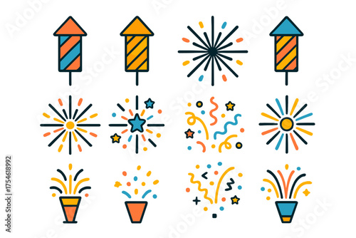 Colorful set of fireworks rockets, exploding bursts, confetti, and streamers icons