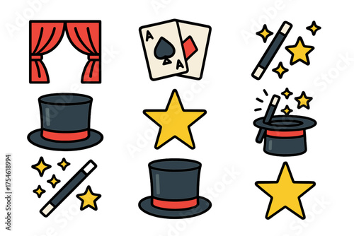 Magic show performance icons set featuring top hat playing cards and sparkling wand