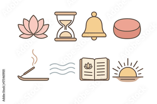 Mindfulness and relaxation symbols featuring lotus, hourglass, bell, and sunrise