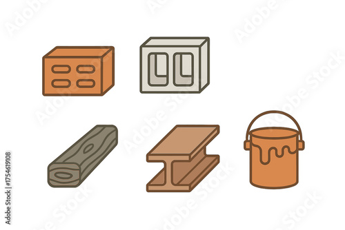 Basic construction materials set featuring brick, concrete block, wood, steel beam, and paint