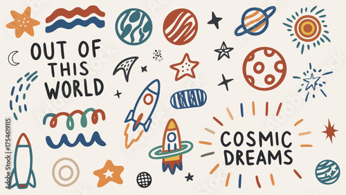 A hand-drawn cosmic doodle featuring rockets, planets, stars, astronauts, and UFOs.