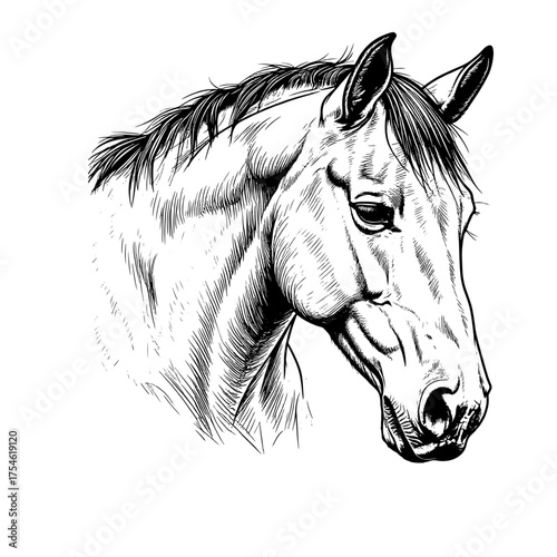 Horse's head, black and white sketch. Vector illustration. Cute horse with a mane, isolated on a white background