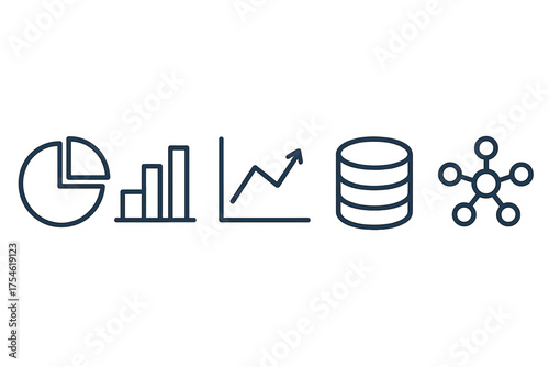 Outline icons representing business intelligence, financial reporting, and data visualization concepts