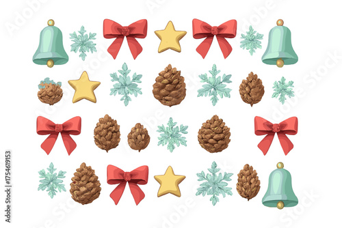 Repeating holiday pattern featuring mint bells, red ribbons, golden stars, natural pine cones, and blue snowflakes