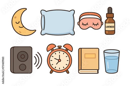 Set of objects for healthy sleep hygiene routine including pillow mask and alarm clock
