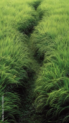 A narrow footpath winds through a field of tall, lush green grass swaying softly in the wind
